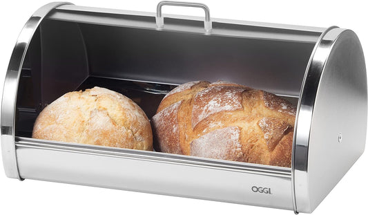Oggi Stainless Steel Roll Top Bread Box for Kitchen Countertop with Tempered Glass Lid - Fits Multiple Large Loaves of Bread and Other Freshly Baked Goods Including Cookies, Bagels, Muffins