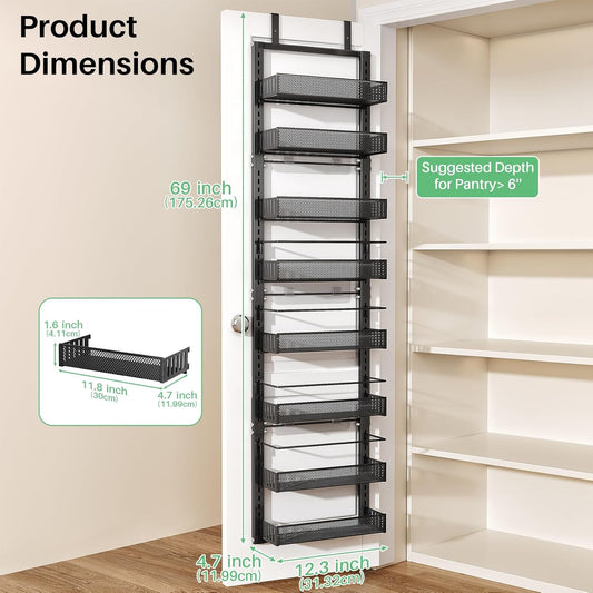 SNTD 8 Tiers Over the Door Organizer - Height Adjustable Pantry Organizers and Storage with Dense Mesh Baskets, Anti-Swing Hanging Door Spice Rack for Kitchen Bathroom (Black, 17" W x 6" D x 69" H)