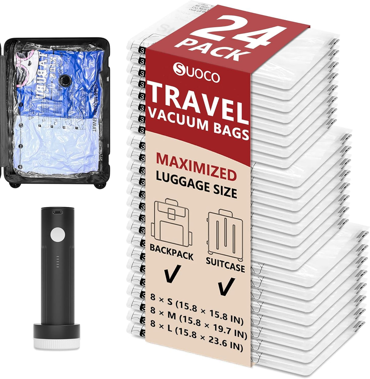 Travel Vacuum Bags for Clothing with Rechargeable Electric Pump, Compression Packing Cubes Organizer Storage for Luggage Suitcase, Space Saver Seal Bags for Vacation Cruise, 18 Combo
