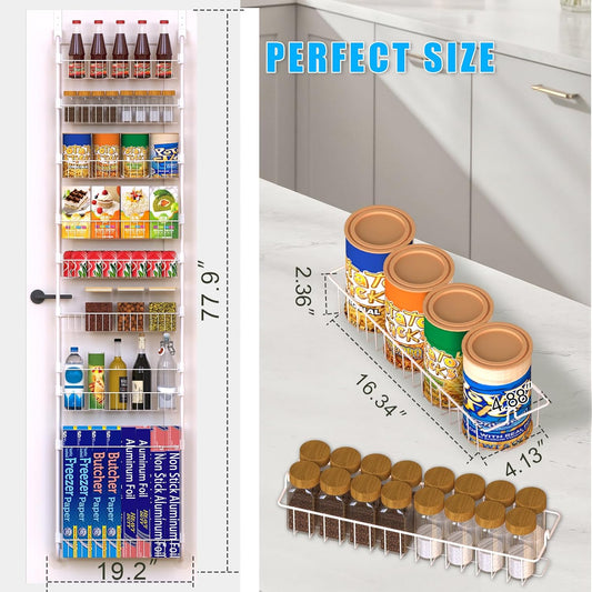 White Over the Door Pantry Organizer 8 Tier, Adjustable Basket Pantry Door Organizer and Storage, Heavy Duty Metal Kitchen Hanging Spice Rack (D5xW19xH50 Inches)
