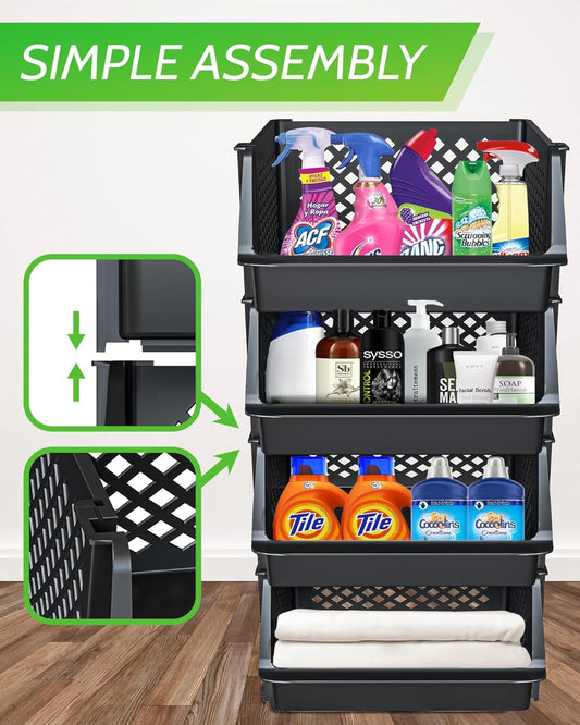 TidyFriend 6 Pk Large Stackable Storage Bins Open Front for Pantry Organizers and Storage, Pantry Storage for Food, Kitchen and Home Organization, Plastic Storage Bins, Dorm Room Essentials (Black)