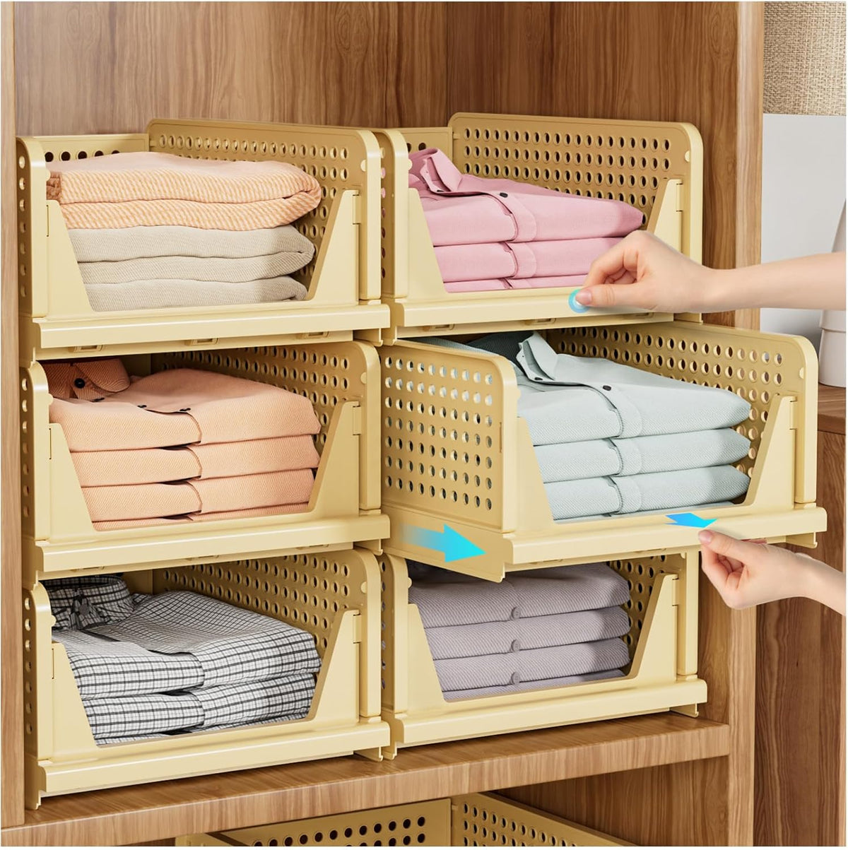 SNSLXH Stackable Closet Storage Basket, Multifunctional & Foldable Closet Organizer for Bathroom Kitchen Laundry Room Wardrobe Storage, Space-Saving Clothes Storage Drawer Organizer, White