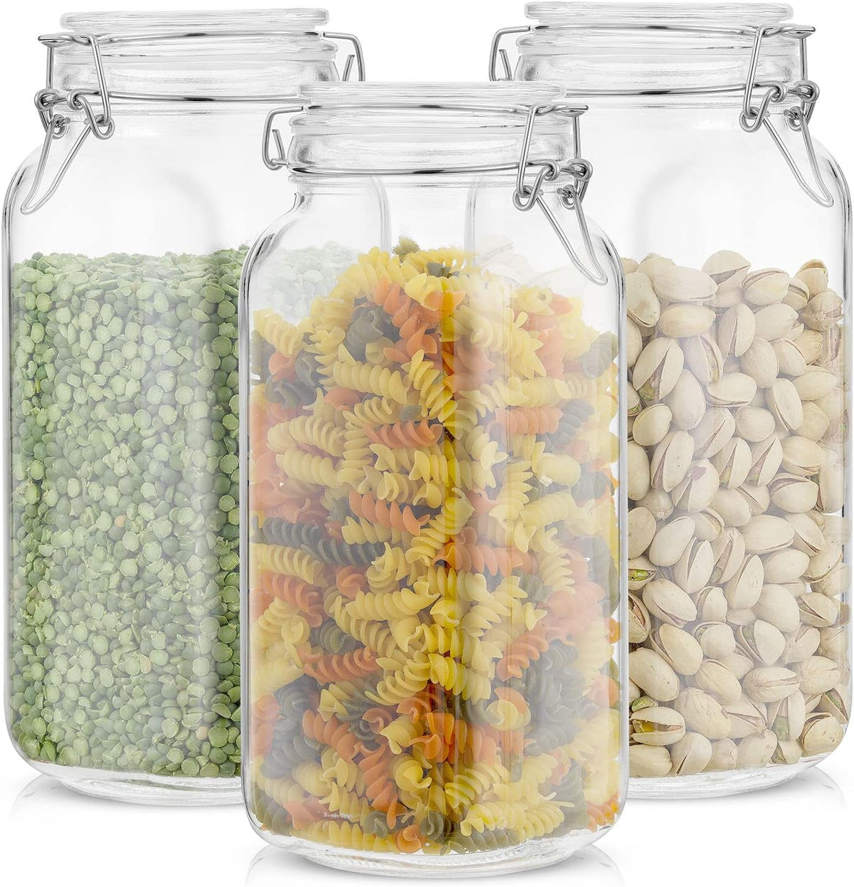 JoyJolt Airtight Glass Jars with Lids Set of 3. 50oz Glass Jar with Lid and 6 Silicone Seals! Med Glass Food Storage Containers. Square Mason Jar, Flour Jar, Candy or Cookie Jars for Kitchen Counter