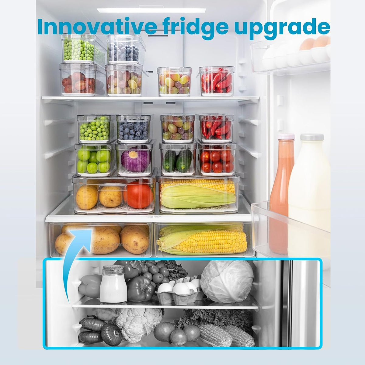 SMRCAD 6 Pack Refrigerator Organizers,Clear Pull-out Drawer Container and Organizer Bins with Lids, Stackable Storage Containers for Fruits, Vegetable (Set of 6 (Include Pull-out Drawer))