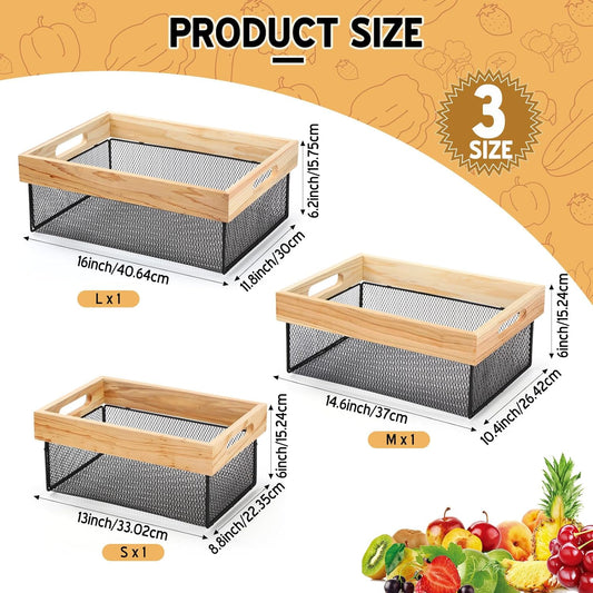 Honeydak 3 Pcs Metal Wire Baskets Stackable Wooden Countertop Baskets for Kitchen Large Wooden Storage Organizer for Pantry Farmhouse Decor Mesh Storage Organizer Bins for Laundry Room Bathroom Closet
