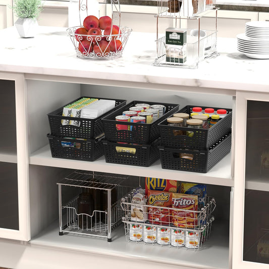 Simple Houseware Plastic Stackable Storage Basket Pantry Organizer, 6 Pack, 14.5" x 8.5" x 3.5", White