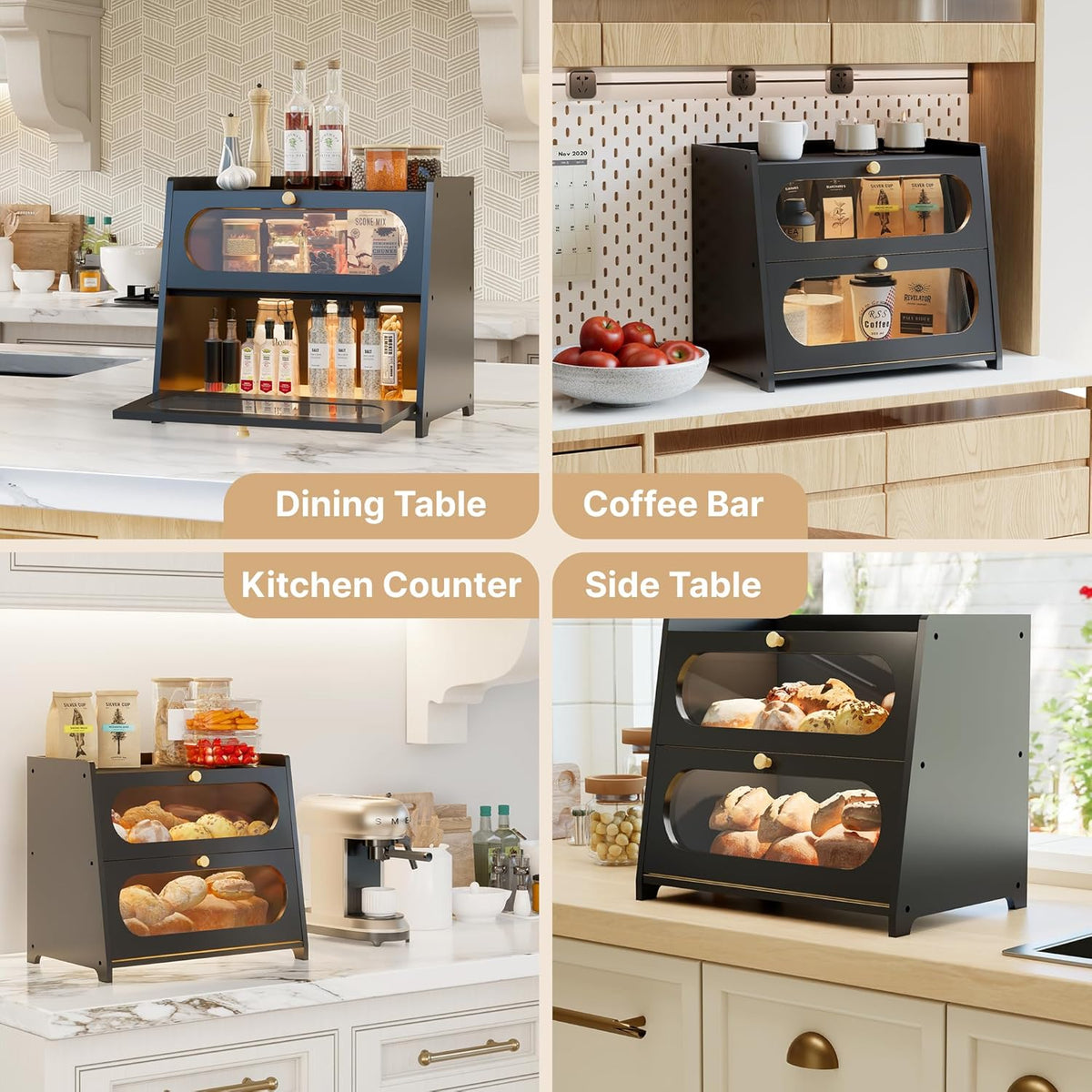 Bread Box for Kitchen Countertop, 3 Tier Large Capacity Breadbox, with Window, Cutting Board Rack and Knife Holder, Bamboo Bread Container, Under Cabinet Organizer