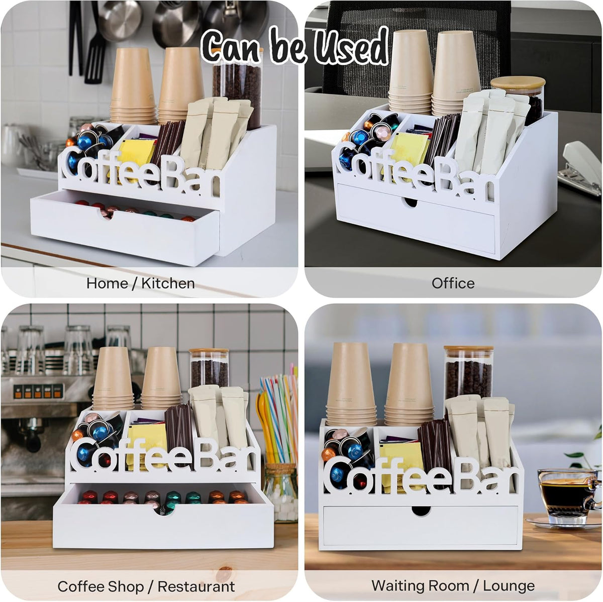Coffee Bar Organizer for Countertop – Wooden Coffee Caddy with Compartments for Pods, Sugar Packets, and Accessories – Coffee Condiment Station Storage for Home and Office (Black)