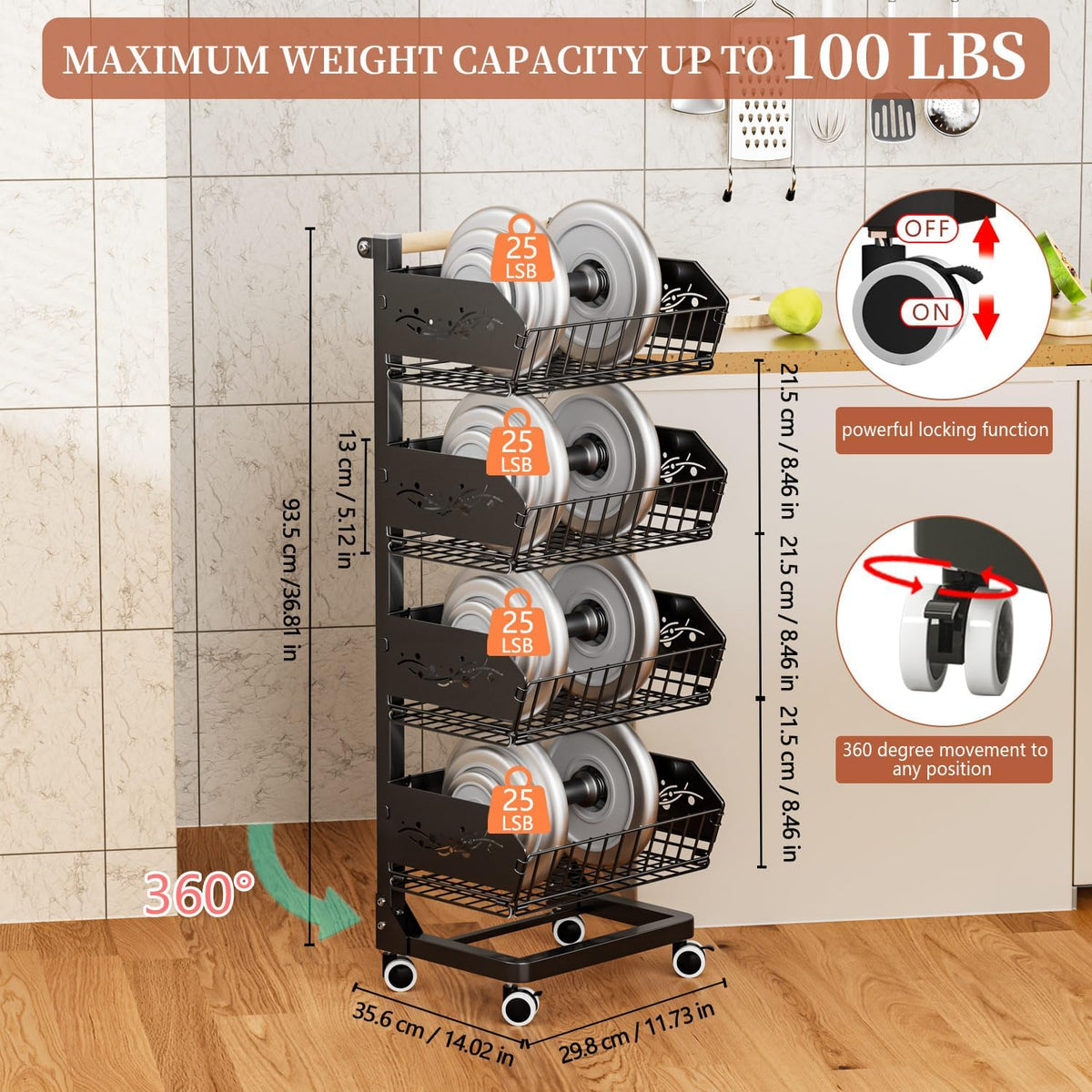 Heavy 4-Tier Snack Cart with Wheels ,Removable Rolling Pantry Floor Organizers ,Upgraded Wider and Thicker, Kitchen Fruit Basket Stand and Storage Rack for Fruit Snack Onion Potato