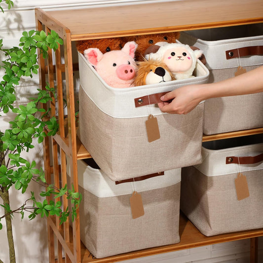 Uiifan 10 Pcs Collapsible Storage Bins Fabric Foldable Storage Basket with Handles Cloth Organizer Linen Shelf Baskets for Shelves Home Closet Nursery Toys(16 x 12 x 10 Inch,Gray and White)