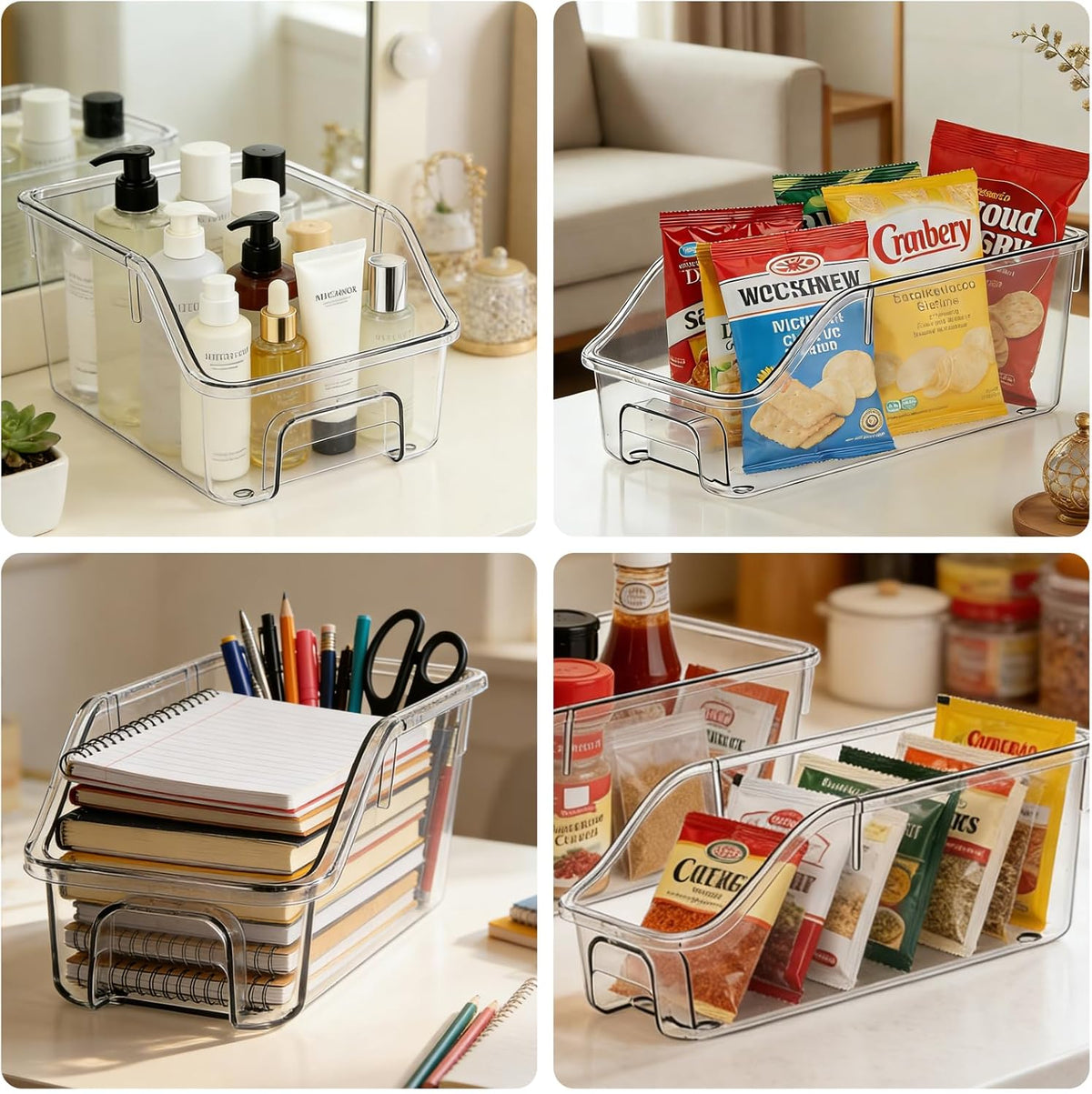 6 Packs Clear Freezer Organizers and Storage Bins with Handle, Stackable Storage Bins Open Front Pantry Bins for Storage and Organization for Bathroom Kitchen Refrigerator Pantry