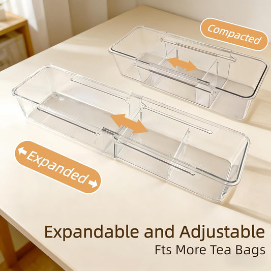 Tea Bag Holder,Expandable Tea Bag Organizer Boxes,Clear Acrylic Tea Bag Storage Bins,Kitchen Utensils for Sugar Packet, Coffee, Condiment for Drawer,Cabinet, Countertop,Pantry,1 Pack
