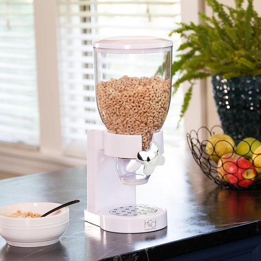 Zevro Indispensable Single Dry Food Dispenser – Countertop Cereal Dispenser with Portion Control, 17.5 oz Capacity, Airtight BPA-Free Food Storage, White/Chrome