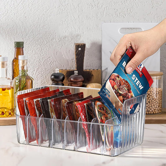 BSTKEY Seasoning Packet Organizer, Food Storage Organizer with Divided 8 Removable Compartments, Plastic Storage Caddy for Kitchen Pantry Cabinet, Kitchen Organization Bin for Snacks Spice Packets