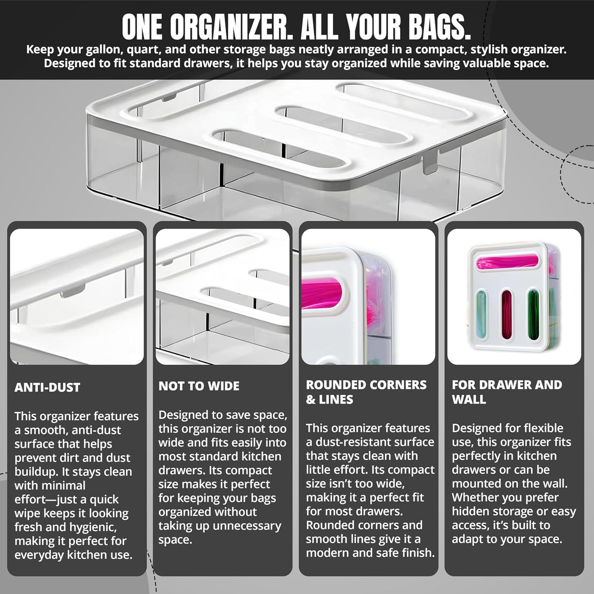 4 IN 1 Food Storge Bag Organizer for Kitchen Drawer, 4-Slot, Wall Mountable | Compatible with Sandwich, Snack, Gallon & Slider Bags, with Locking Lid Design Food Storage Bag Holder, Space saving