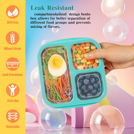 TOUWMX Bento Box For Kids, 4 Pack 3 Compartments Meal Prep Containers Reusable Lunch Containers, Food Storage Containers With Lids, Stackable Snack Boxes for School, Work, and Travel