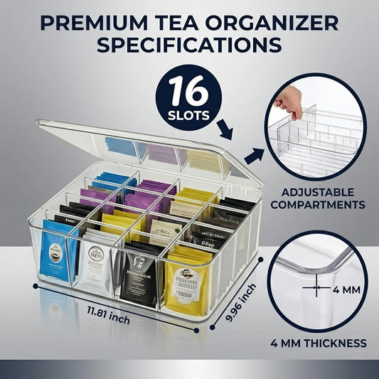 Tea Bags Organizer: Extra Large Tea Bag Holder with Lid - Drink Packets Organizer for Cabinet, Counter, Countertop, TeaBag Holder for 16 Different Types