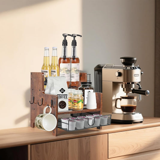 3-Tier Coffee Station Organizer for Countertop, Wood Coffee Bar Organizer with Drawer, Rustic Coffee and Tea Condiment Organizer, K-Cups Coffee Corner Organizer with 6 Hooks for Coffee Bar Accessories