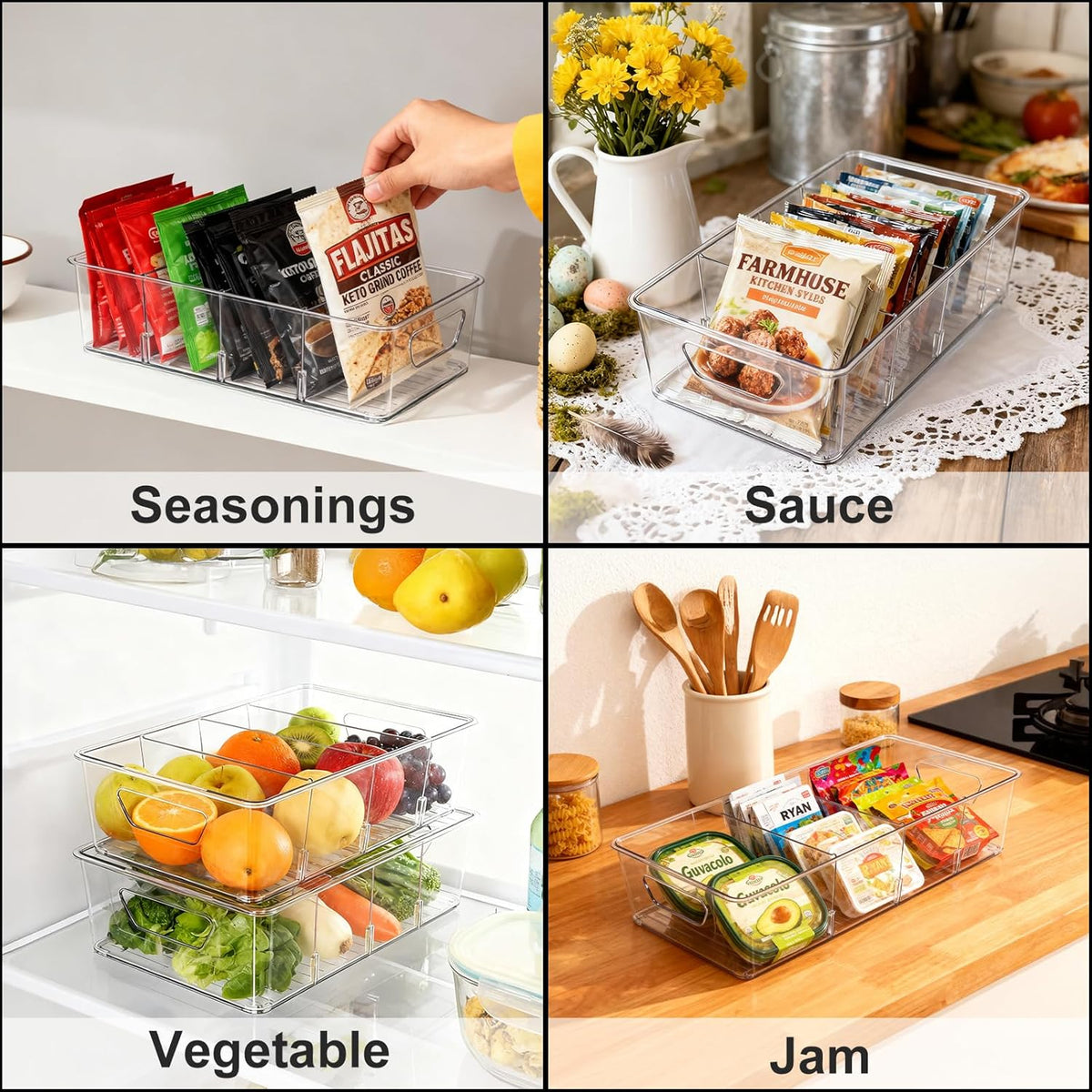 2 Pcs Seasoning Packet Organizer with Detachable Dividers, Storage Organizer Box for Cabinet, Kitchen Snacks Spice Packets Organizer, XL Size, White