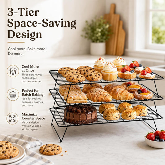Cooling Rack, 3 Tier Stackable Cooling Racks for Cooking Baking Roasting, Multi-Level Collapsible Cookie Rack for Cakes, Oven Safe & Easy Clean (Black, 3-Tier-SL)