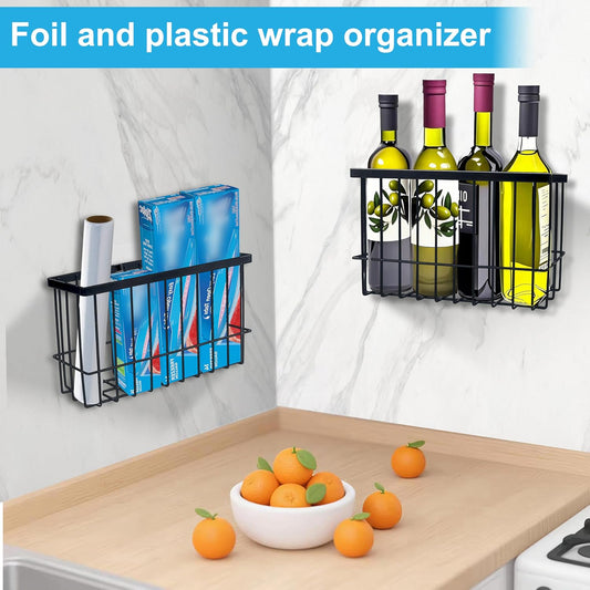 Cabinet Door Organizer Basket 2 Pack, Foil and Plastic Wrap Organizer with 2 Sponges, Lid Organizers Inside Cabinet, Metal Basket for Kitchen Organizers and Storage, Utility, Black (Medium,Large)