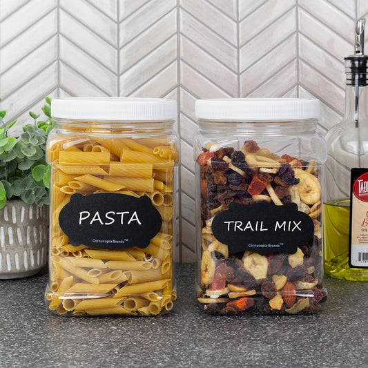 Cornucopia Brands 3-Pack Square 64oz 1/2 Gallon Plastic Canisters; 8-Cup Capacity Clear Jars w/Lids & Chalk Labels, BPA-Free Lightweight PET #1 Plastic