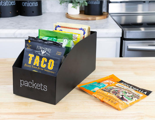 AuldHome Design Enamelware Food Packet Organizers (2-Pack, Black), Modern Farmhouse Pantry Organization Divided Compartment Bins for Mixes and Spice Packets