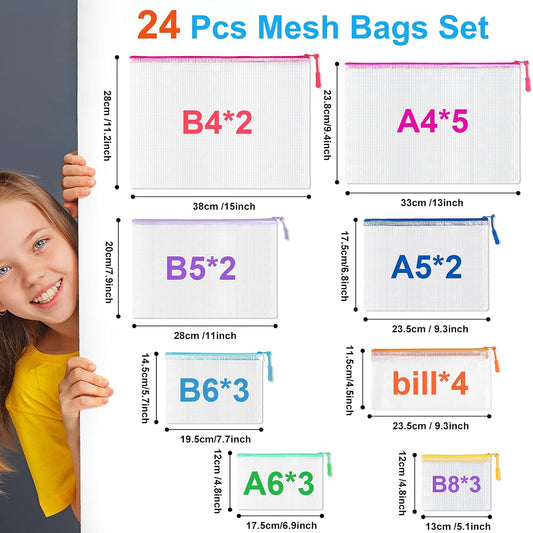 24 Pcs Mesh Zipper Pouch Bags, Plastic Zipper Pouches for Classroom in 8 Sizes, Waterproof Mesh Zipper Bags for Organizing, Clear Zipper Pouches for Organizing, Travel, Office Supplies