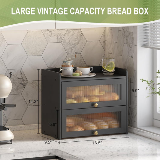 JANSNIMEN Large Bread Box for Kitchen Countertop Wooden Double Layer Breadbox Organizer with Window Vintage Farmhouse Bread Storage Container for Homemade Bread (Black)
