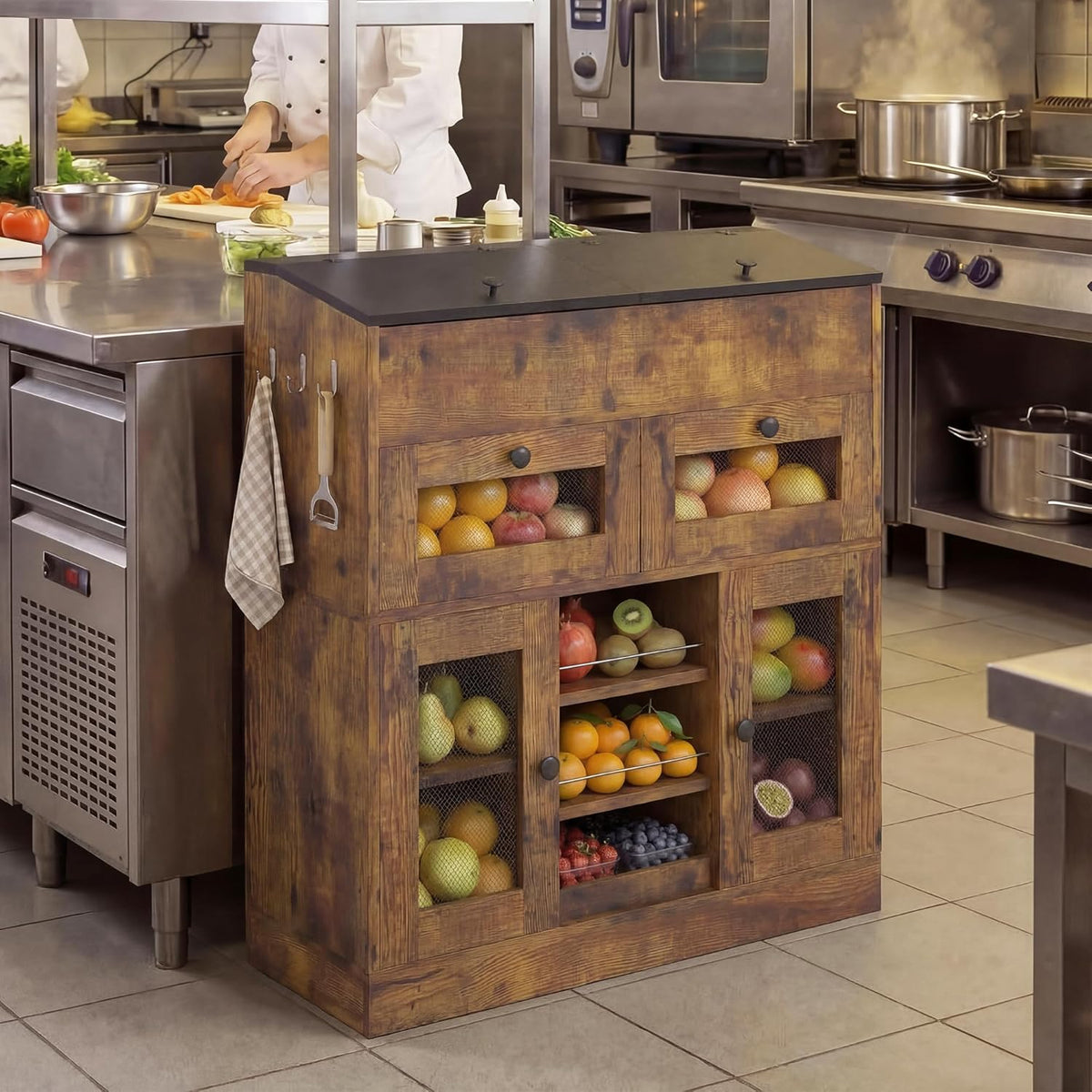 Potato and Onion Storage Bin with Lid, Large Potato Bin with Drawer, Multi-Compartment Wooden Fruit & Vegetable Cabinet with Mesh Doors, Rustic Kitchen Organizer for Pantry (16.9")