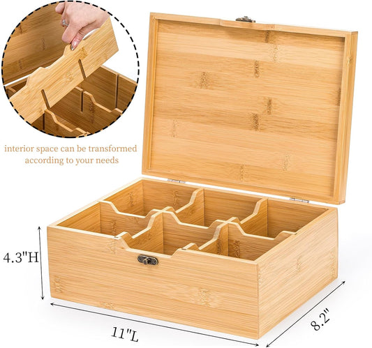 Lyellfe Tea Organizer Box, Bamboo Tea Bag Holder with Lid, Multi-purpose 6-Compartment Coffee Condiment Holder Storage Caddy for Home, Office, Café