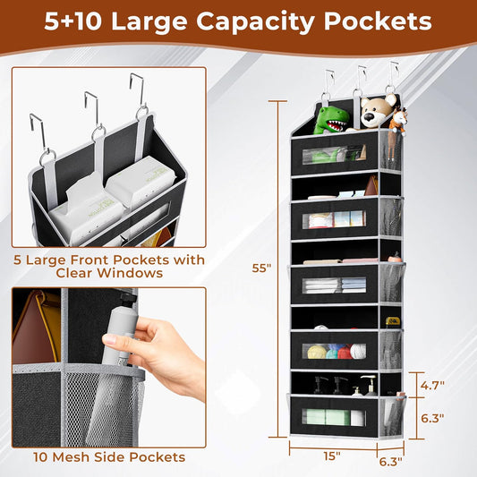 5 Tier Over The Door Organizer - Large Capacity Behind Door Hanging Shelves with 10 Mesh Pockets and Clear Windows, Closet Organizers and Storage for Bathroom, Bedroom, Nursery, Grey