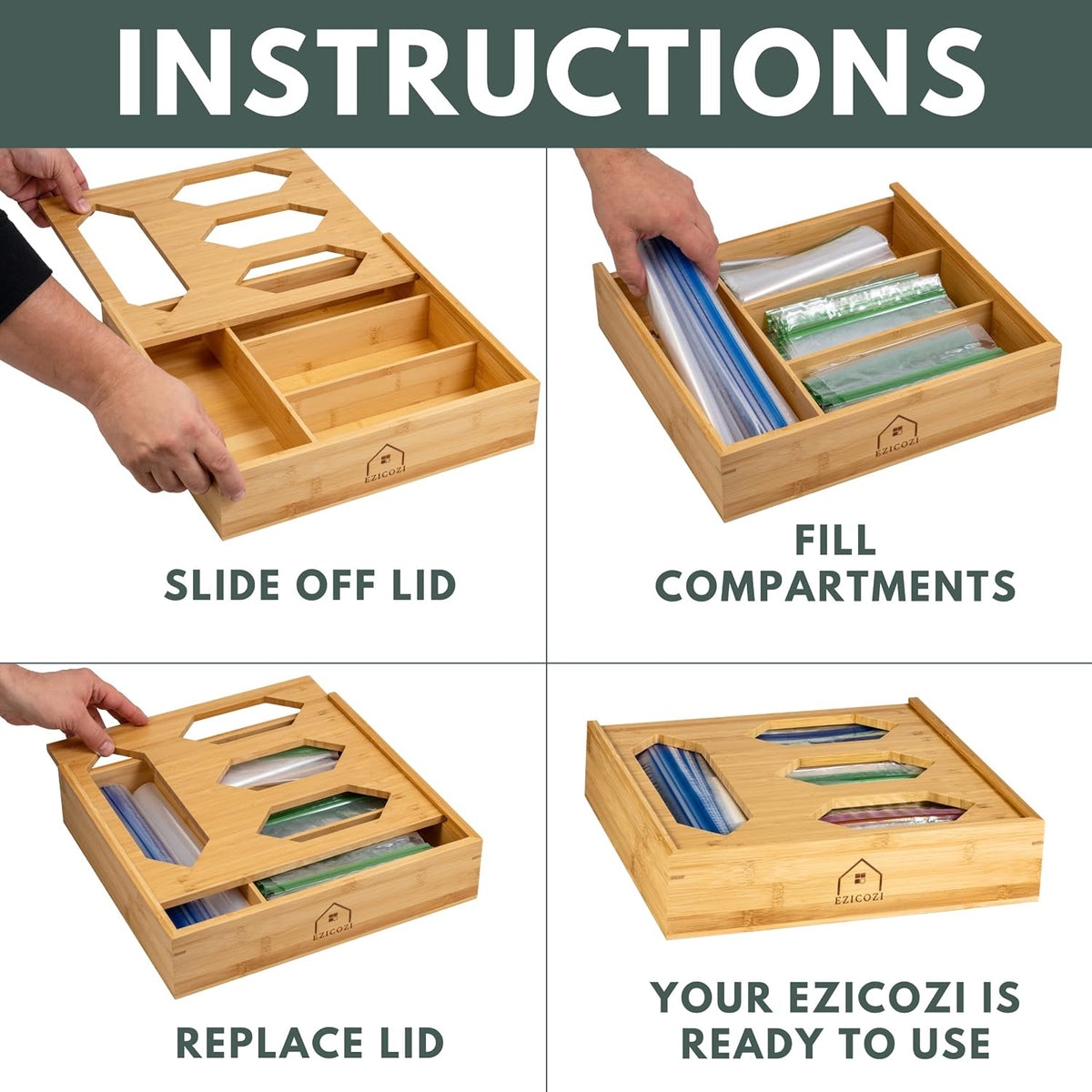 Bamboo Ziplock Bag Organizer for Kitchen Drawer – 4 Compartments for Gallon, Quart, Sandwich & Snack Bags – Includes Label Stickers