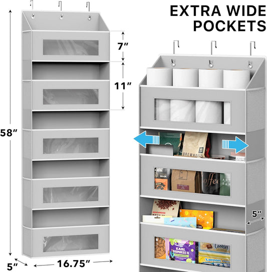 Simple Houseware Large Heavy Duty Over the Door Organizer with 5 Clear Window Pockets, 45 lbs Capacity for Pantry, Closet, Bathroom, Gray