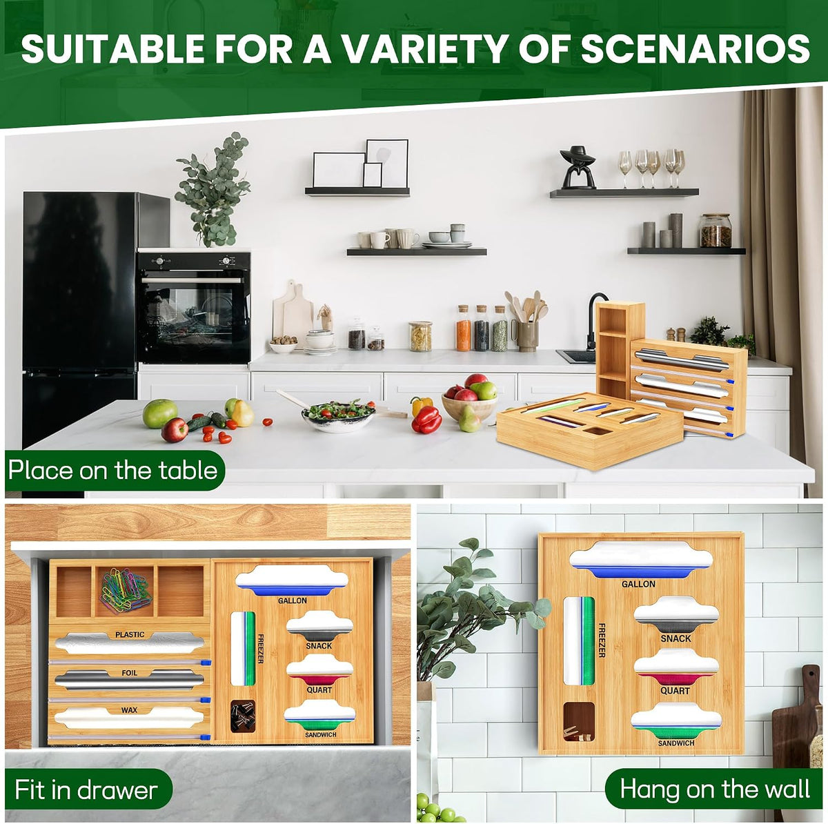 Sandwich Bag & Organizer, Aluminum Foil & Plastic Wrap Cutter, Bamboo Drawer Storage for Gallon, Quart Bags & 12" Rolls (9 in 1)