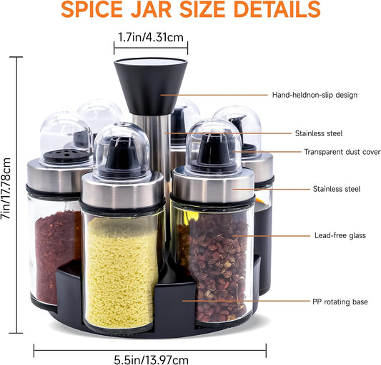 Mlici Oil and Vinegar Dispenser Set of 6 Bottles, Stainless Steel Salt Pepper Holder with 360° Rotating Holder, Cruet Soy Sauce - Premium Glass Condiment for Kitchen, Tabletop, Kitchen Containers