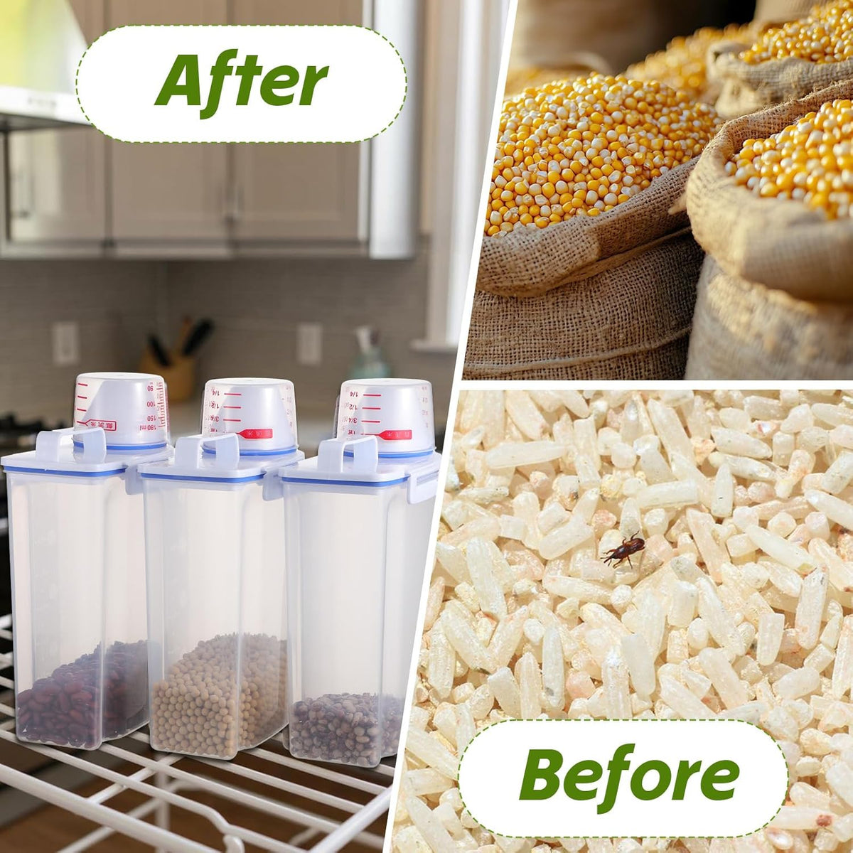 3 Pcs Rice Storage Containers (4 Lbs / 2 Kg Each) – Airtight BPA-Free ABS Plastic Dispenser with Measuring Cup & Pour Spout for Rice, Cereal, Pet Food, and More (Blue + Clear)