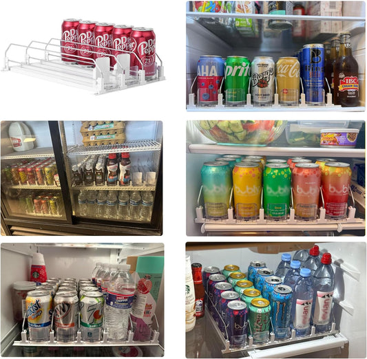 Drink Organizer for Fridge-White Automatic Pusher Glide,12oz 16oz 20oz-Soda Dispenser for Fridge-Holds up to 15 Cans