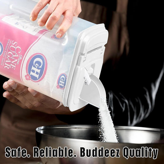 Buddeez Kitchen Pantry Container - Easy Grip Handle for Mess Free Use - Flour and Sugar Storage Made Simple - 4 Quart White Lid