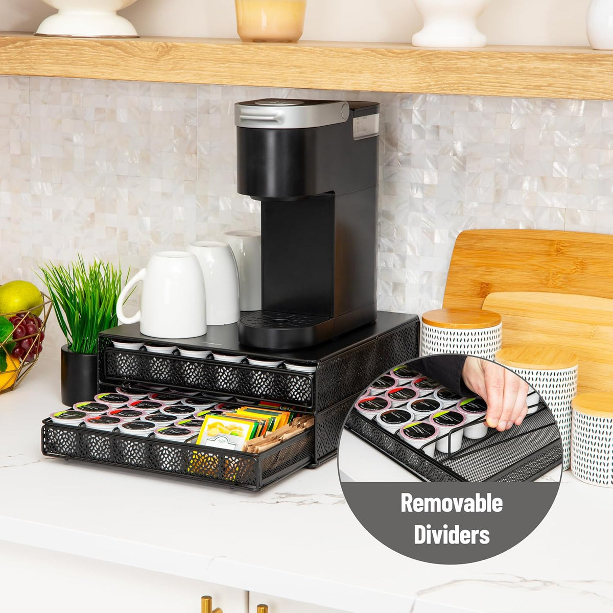 Mind Reader Single Serve Coffee Pod Drawer, 36 Pod Capacity, Countertop Organizer, Removable Dividers, Metal, Black