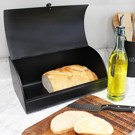 AuldHome Design Farmhouse Black Bread Box; Retro Vintage Style Enamel Countertop Bread Bin