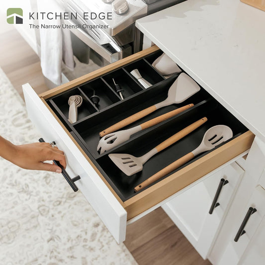 KitchenEdge Adjustable Bamboo Kitchen Drawer Organizer for Utensils and Junk, Expandable to 28 inches Wide, 9 Compartments