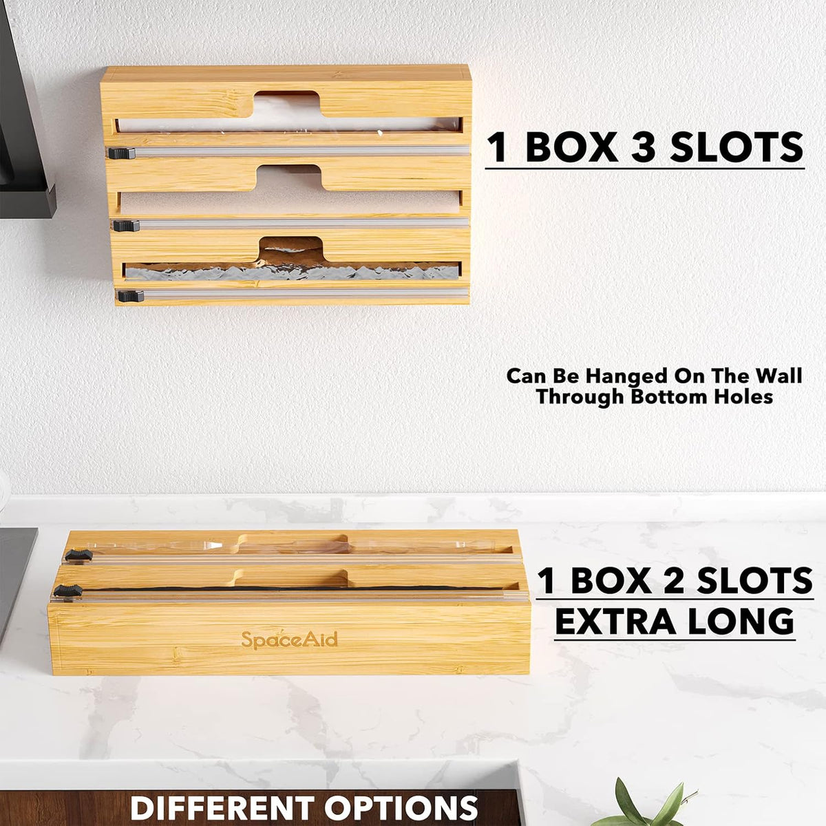 SpaceAid 2 in 1 Long Wrap Dispenser (Need 3" Deep Drawer) with Cutter, Plastic Wrap, Aluminum Foil Dispenser for Kitchen Drawer, Bamboo Roll Organizer Holder, Compatible with 15" Roll