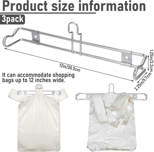 3 Pack Plastic Grocery Bag Holder Wall Mount T-shirt Bag Rack with Screws Chrome Metal Dispenser for Retail Checkout Counters Supermarket Store Restaurant Organization, 12"wx2.25"dx1.25"h