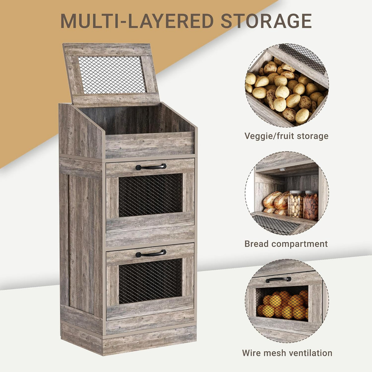 Potato Storage Bin with Lid, Rustic Wooden Onion Storage Bin, Bread Box for Kitchen, Kitchen Decorative Vegetable Storage Cabinet, Rustic Grey HPC001SG