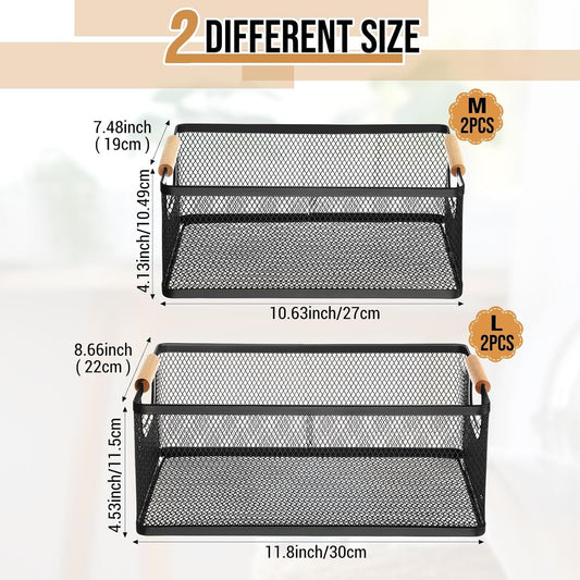 Rtteri 4 Pack White Metal Wire Basket with Wood Handle 2 Size Large Metal Mesh Basket Stackable Wire Storage Bin for Pantry Food Snacks Storage Kitchen Organizing