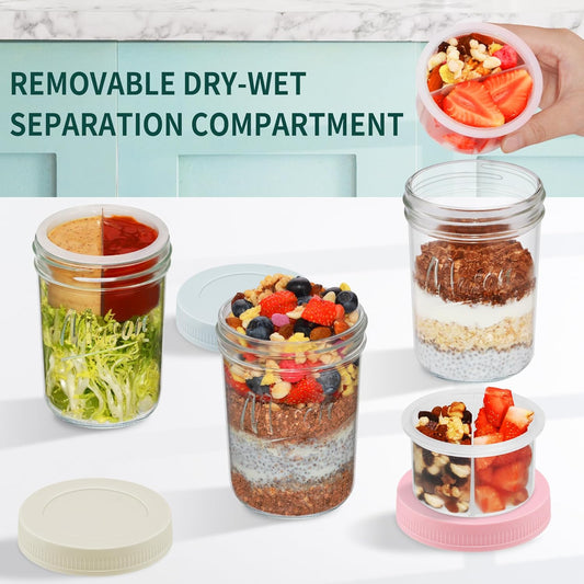 Xyptorix 16 oz Overnight Oats Containers with Lids, Leak-Proof Wide Mouth Mason Jars & Separate Compartments for Fruits/Nuts, Airtight Glass Jars for Chia Pudding, Yogurt, Parfait and Salad