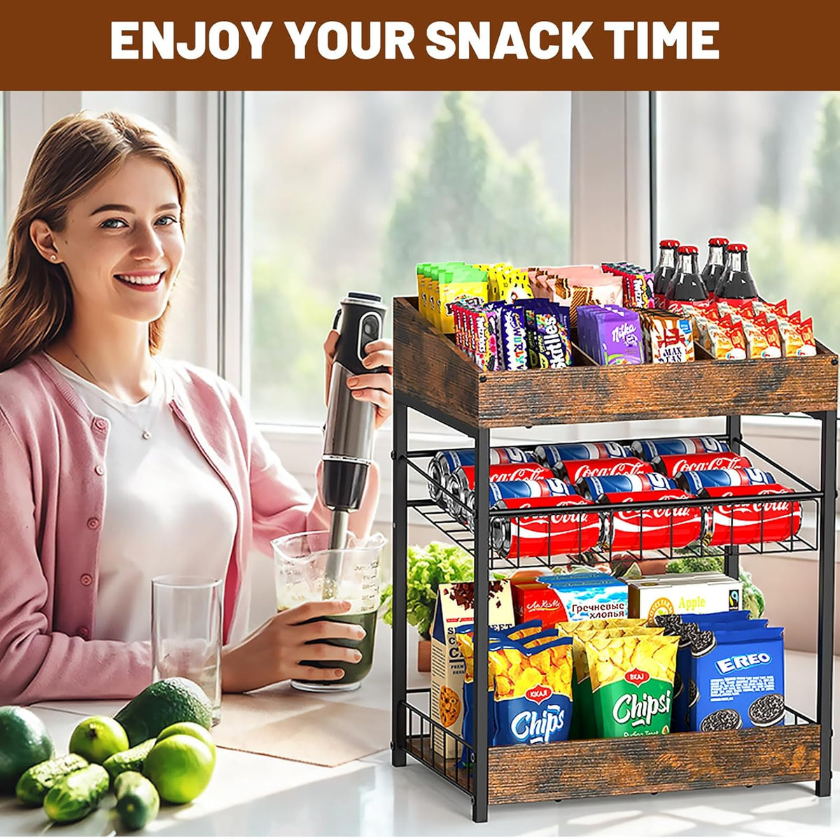 Candy Display Rack, 3 Tier Snack Rack Display for Countertop, Snack Organizer for Pantry, 6 Adjustable Compartment, Retail Display Shelf for Kitchen, Counter, Office, Brown
