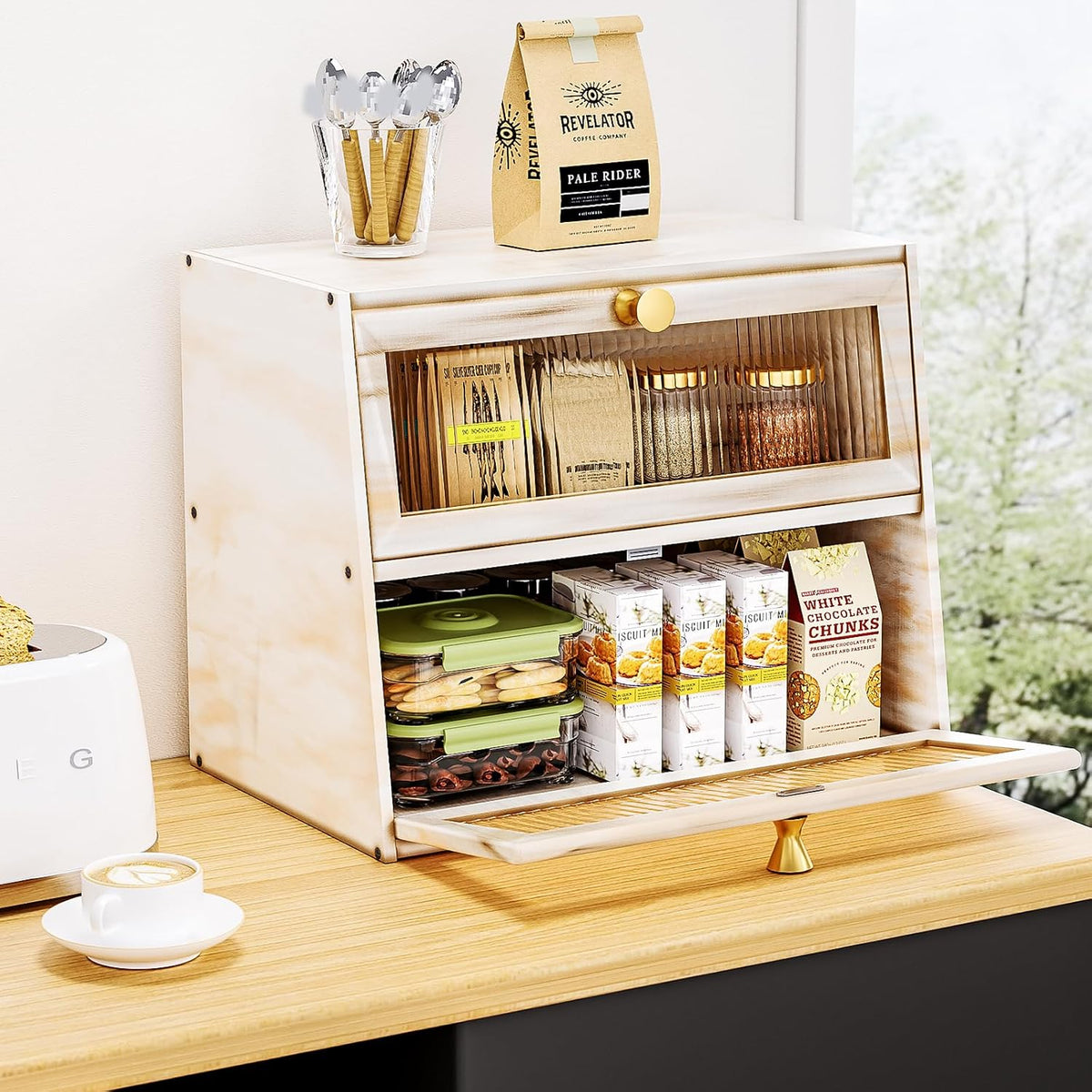 Bread Box for Kitchen Countertop,Extra Large 2 Layer Breadbox Wooden Farmhouse Bread Storage Container Bread Bin Bread Holder Food Organizer Pantry Shelf Acrylic Window(Black)