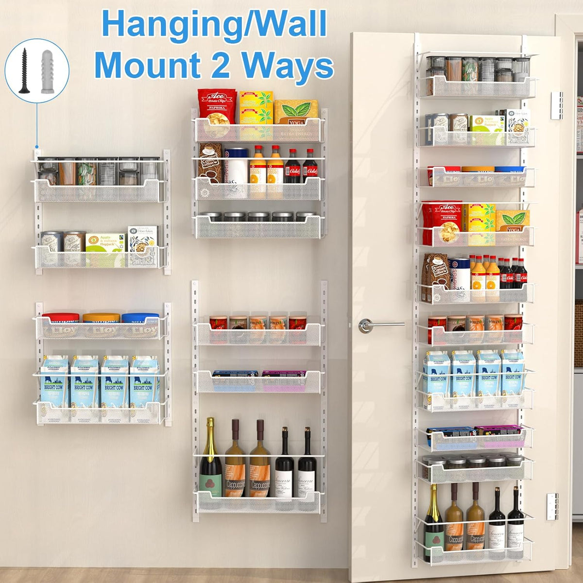 VyGrow 12.3" W Narrow Over the Door Pantry Organizer, 6-Tier Over the Door Organizer with Adjustable Basket, Pantry Door Organization for Pantry Kitchen Storage Room Spice Rack, White